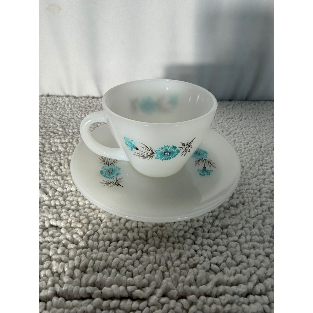 Vintage‎ Fire-King Blue Bonnie Milk Glass Teacup and Saucer Set Blue Floral